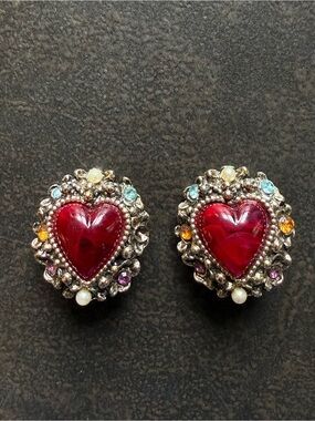 Vintage Red Heart Rhinestone Cluster Clip-on Earrings Mid Century